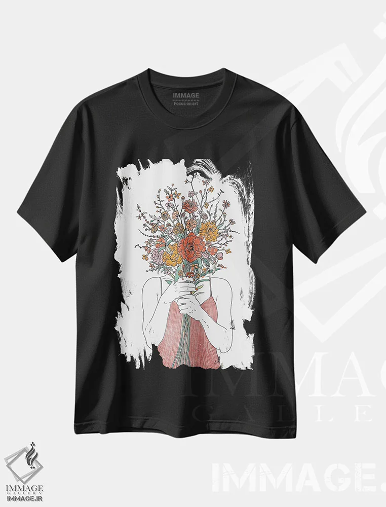 تیشرت مشکی طرح دار چهره گلی، دکور بوهمی اثر کاری سلون | immage.ir