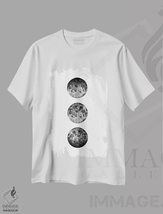 تیشرت سفید طرح دار سه فاز ماه، نقاشی و تصویرگری سیاه و سفید اثر کاری سلون | فروشگاه ایماژ