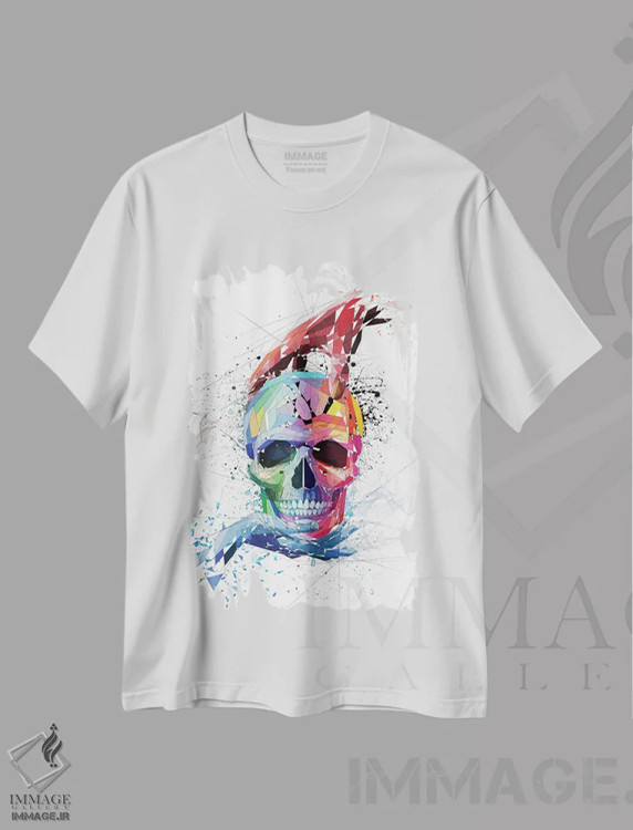 تیشرت سفید طرح دار جمجمه با دست ها، دکوراسیون جایگزین اثر کاتیا اسکای | immage.ir