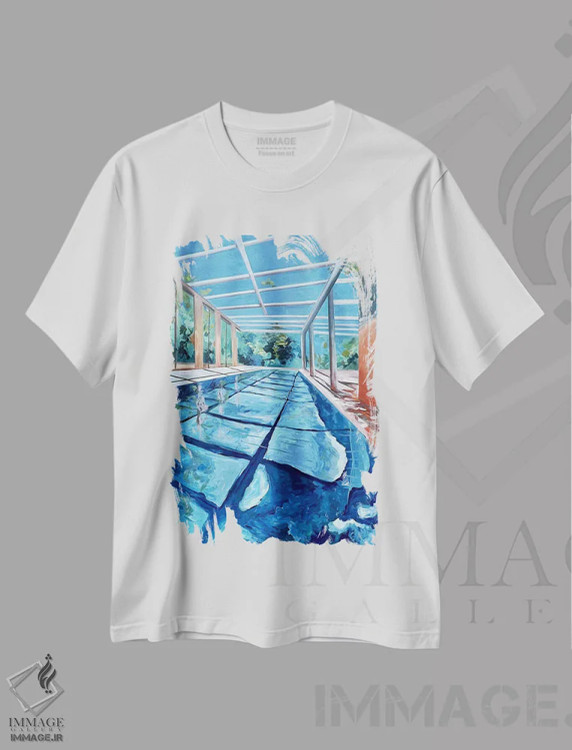 تیشرت سفید طرح دار استخر هرگز نمی تواند خیلی بزرگ باشد، هنر فاخر معاصر اثر کسنیا رای | immage.ir