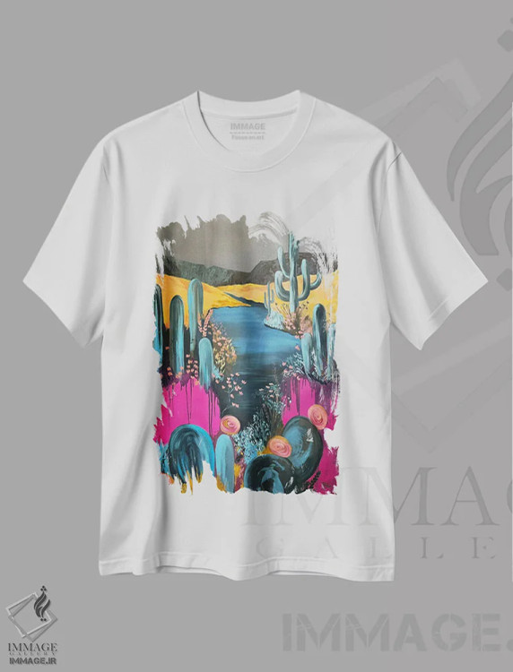 تیشرت سفید طرح دار منظره در ساعت ۷:۱۶ عصر، هنر فاخر معاصر اثر کسنیا رای | فروشگاه ایماژ
