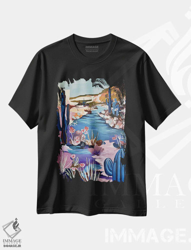 تیشرت مشکی طرح دار منظره کاکتوس، هنر فاخر معاصر اثر کسنیا رای | فروشگاه ایماژ