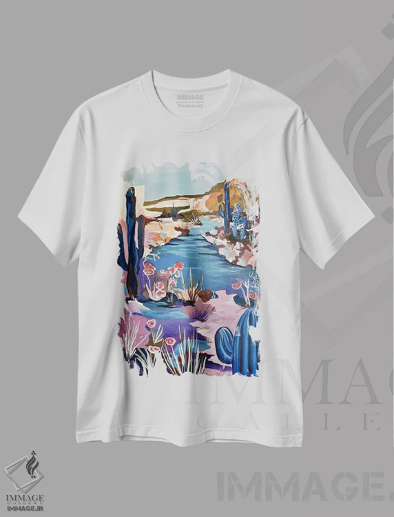 تیشرت سفید طرح دار منظره کاکتوس، هنر فاخر معاصر اثر کسنیا رای | immage.ir