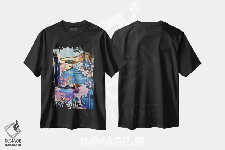 تیشرت مشکی طرح دار منظره کاکتوس، هنر فاخر معاصر اثر کسنیا رای | فروشگاه ایماژ