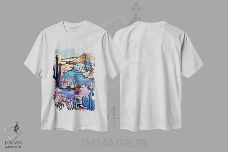 تیشرت سفید طرح دار منظره کاکتوس، هنر فاخر معاصر اثر کسنیا رای | immage.ir