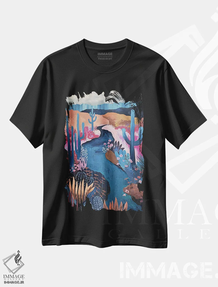 تیشرت مشکی طرح دار منظره در ساعت ۷:۲۳ عصر، هنر فاخر معاصر اثر کسنیا رای | فروشگاه ایماژ