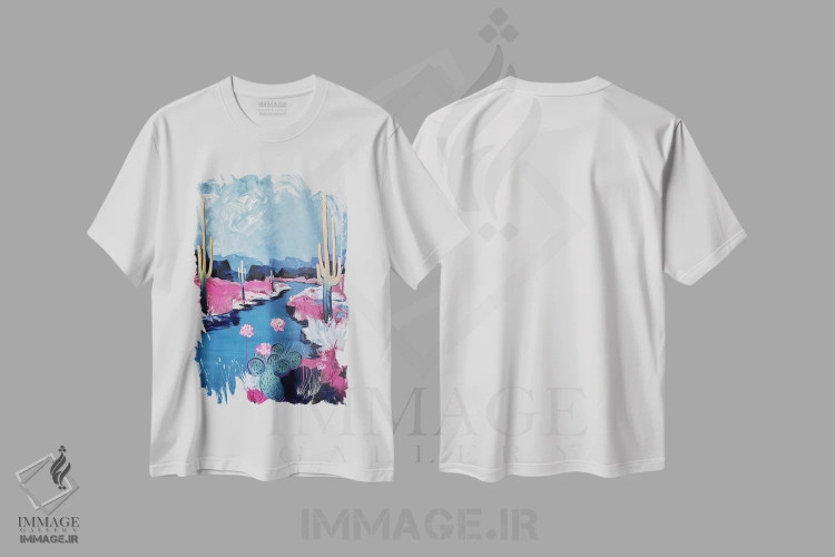 تیشرت سفید طرح دار منظره خیلی بزرگ در ساعت ۷:۱۹ عصر، هنر فاخر معاصر اثر کسنیا رای | فروشگاه ایماژ