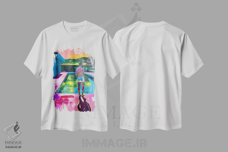تیشرت سفید طرح دار استخر در ساعت ۹ شب، هنر فاخر معاصر اثر کسنیا رای | فروشگاه ایماژ