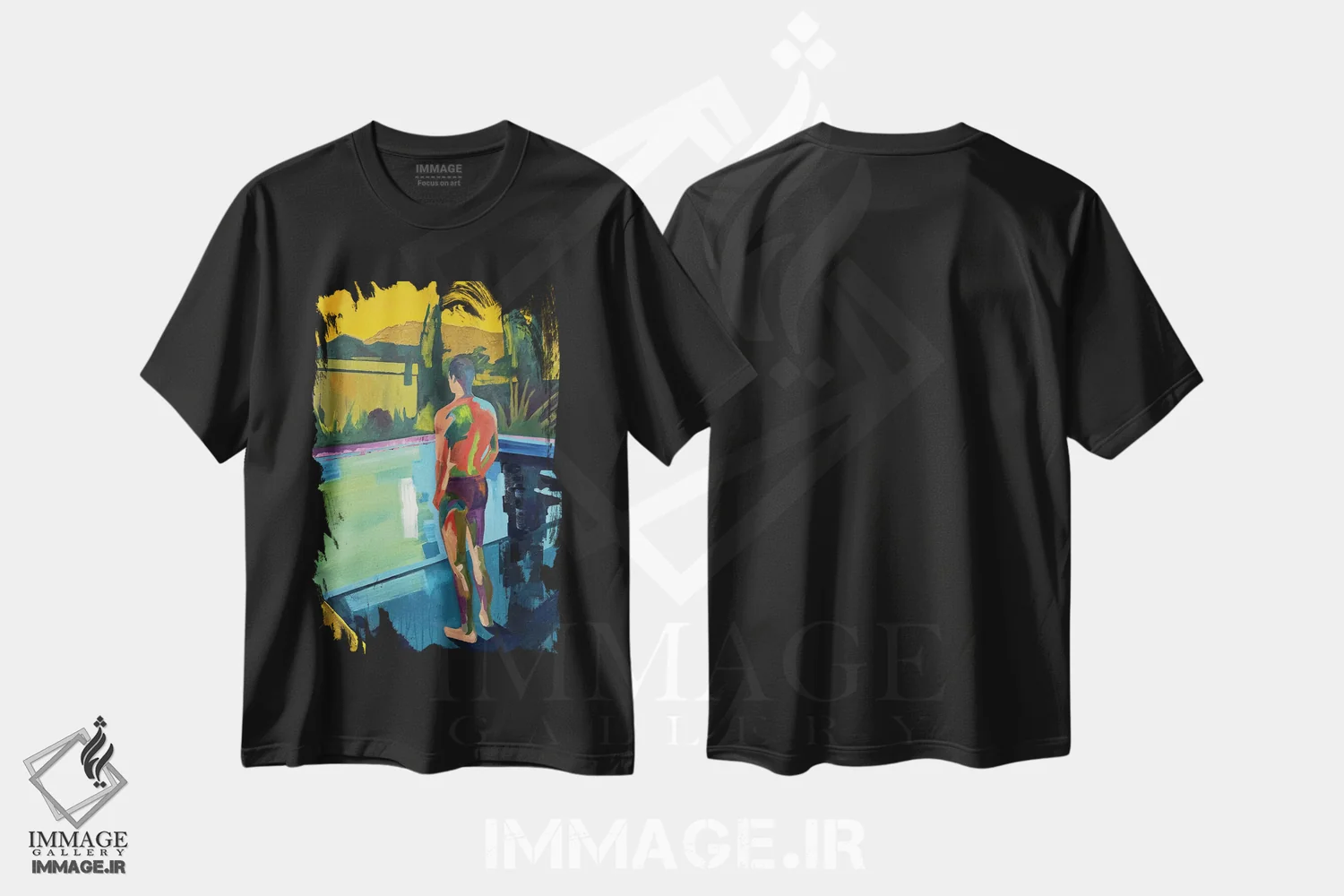 تیشرت مشکی طرح دار استخر در ساعت ۳ بعدازظهر، هنر فاخر معاصر اثر کسنیا رای | فروشگاه ایماژ
