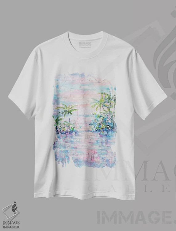 تیشرت سفید طرح دار غروب، دکور ساحلی اثر کرستنی | فروشگاه ایماژ