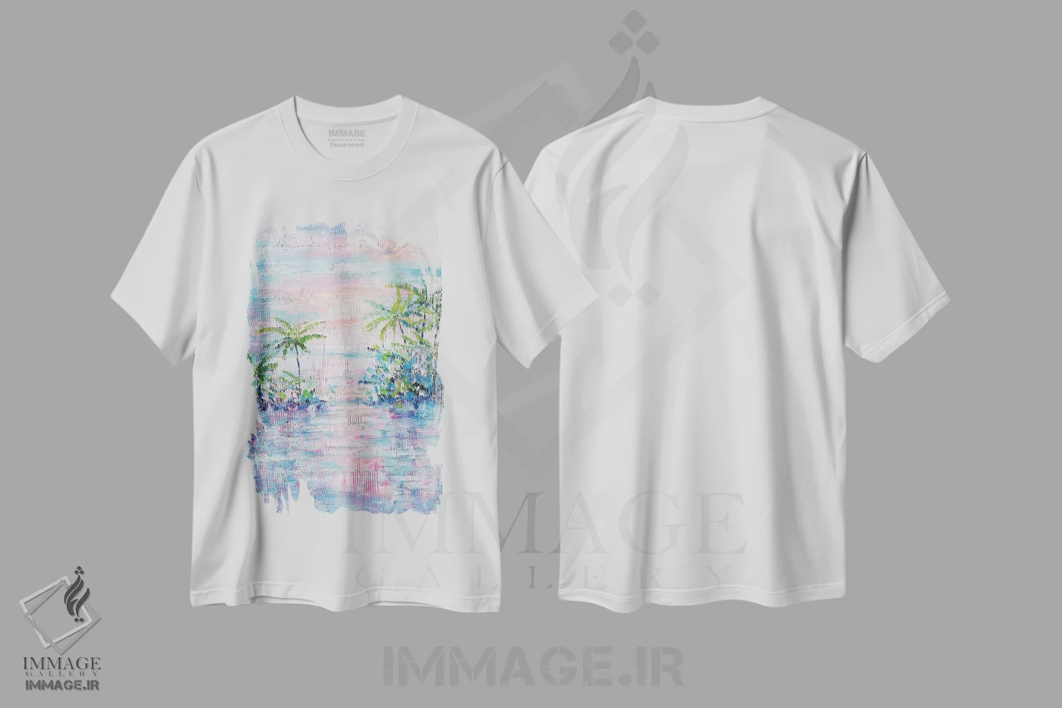 تیشرت سفید طرح دار غروب، دکور ساحلی اثر کرستنی | فروشگاه ایماژ