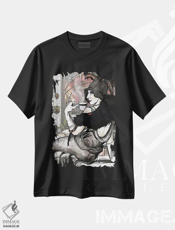 تیشرت مشکی طرح دار فنجان قهوه، تزئینی اثر کاترینا بورتسووا | فروشگاه ایماژ