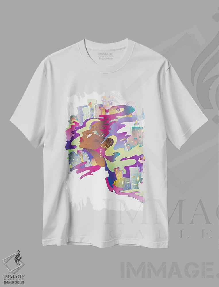 تیشرت سفید طرح دار شهر رویا، هنر آمریکایی آفریقایی تبار اثر کاترینا بورتسووا | immage.ir