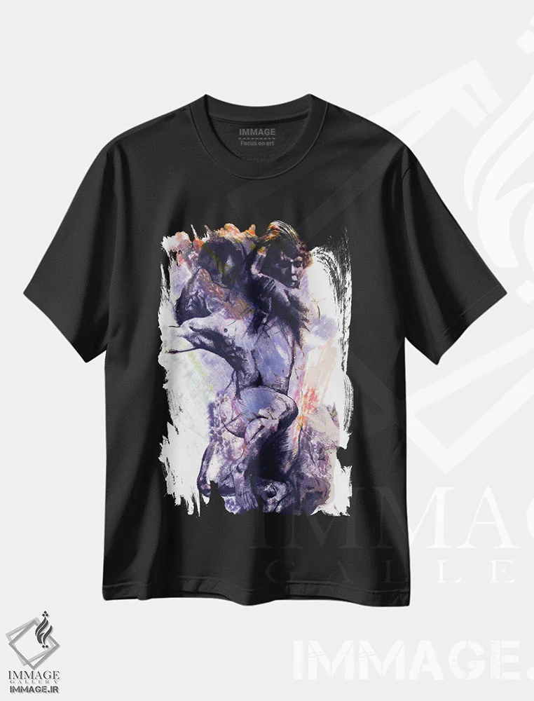 تیشرت مشکی طرح دار حرکت رنگ ها اثر کاترینا بورتسووا | فروشگاه ایماژ