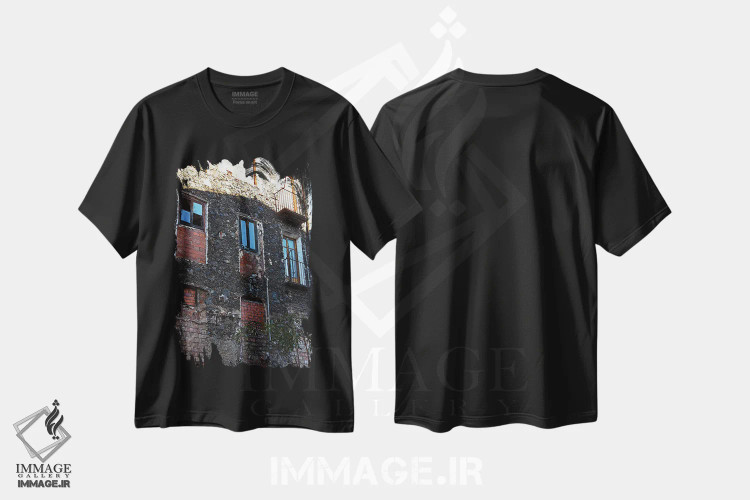 تیشرت مشکی طرح دار پنجره های قدیمی، مدیوم اثر کاترینا بورتسووا | فروشگاه ایماژ