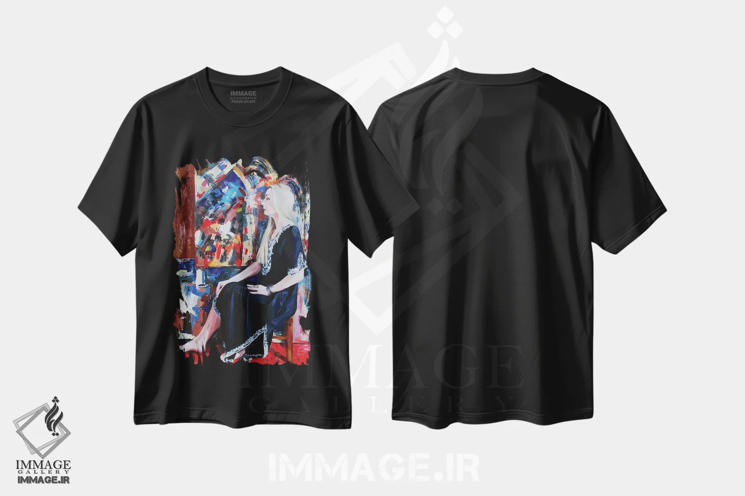 تیشرت مشکی طرح دار پرتره هنرمند، هنر فاخر معاصر اثر کاترینا بورتسووا | immage.ir