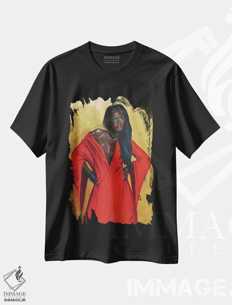 تیشرت مشکی طرح دار بانوی قرمزپوش، هنر آمریکایی آفریقایی تبار اثر کاترینا بورتسووا | فروشگاه ایماژ