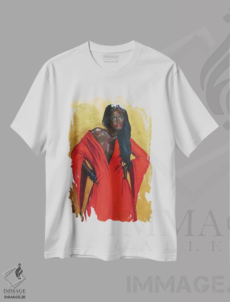 تیشرت سفید طرح دار بانوی قرمزپوش، هنر آمریکایی آفریقایی تبار اثر کاترینا بورتسووا | immage.ir