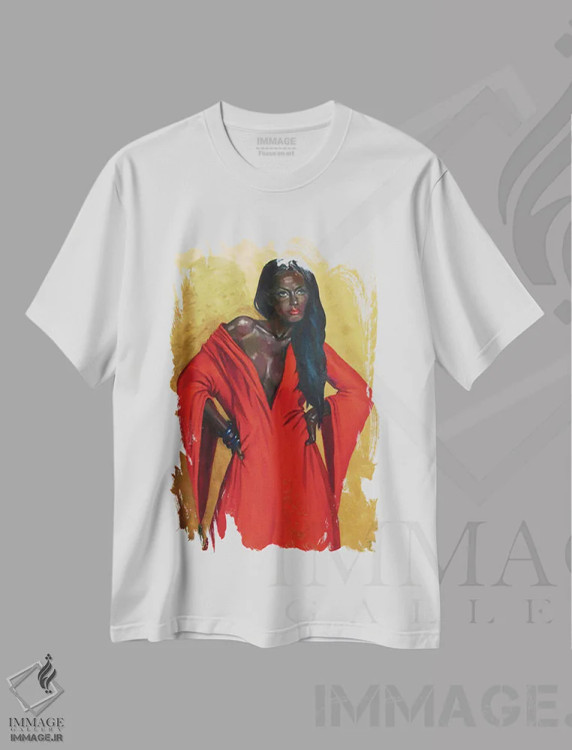 تیشرت سفید طرح دار بانوی قرمزپوش، هنر آمریکایی آفریقایی تبار اثر کاترینا بورتسووا | immage.ir