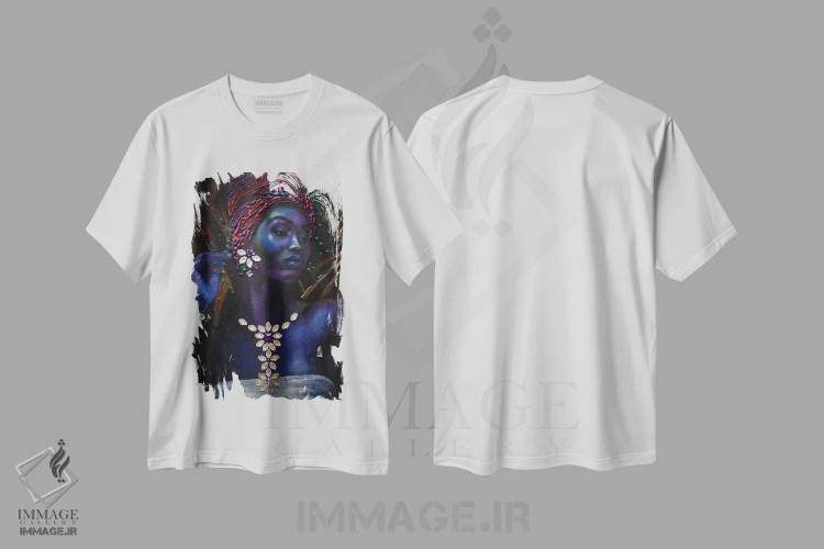 تیشرت سفید طرح دار ملکه استوایی، هنر آمریکایی آفریقایی تبار اثر کاترینا بورتسووا | فروشگاه ایماژ