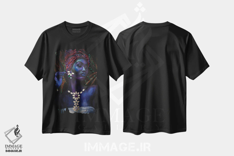 تیشرت مشکی طرح دار ملکه استوایی، هنر آمریکایی آفریقایی تبار اثر کاترینا بورتسووا | immage.ir