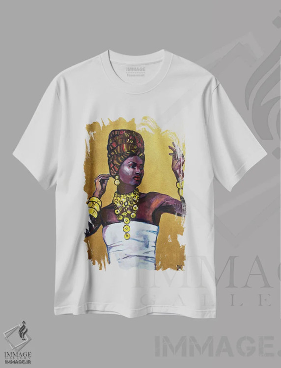 تیشرت سفید طرح دار ملکه مصر، هنر آمریکایی آفریقایی تبار اثر کاترینا بورتسووا | فروشگاه ایماژ