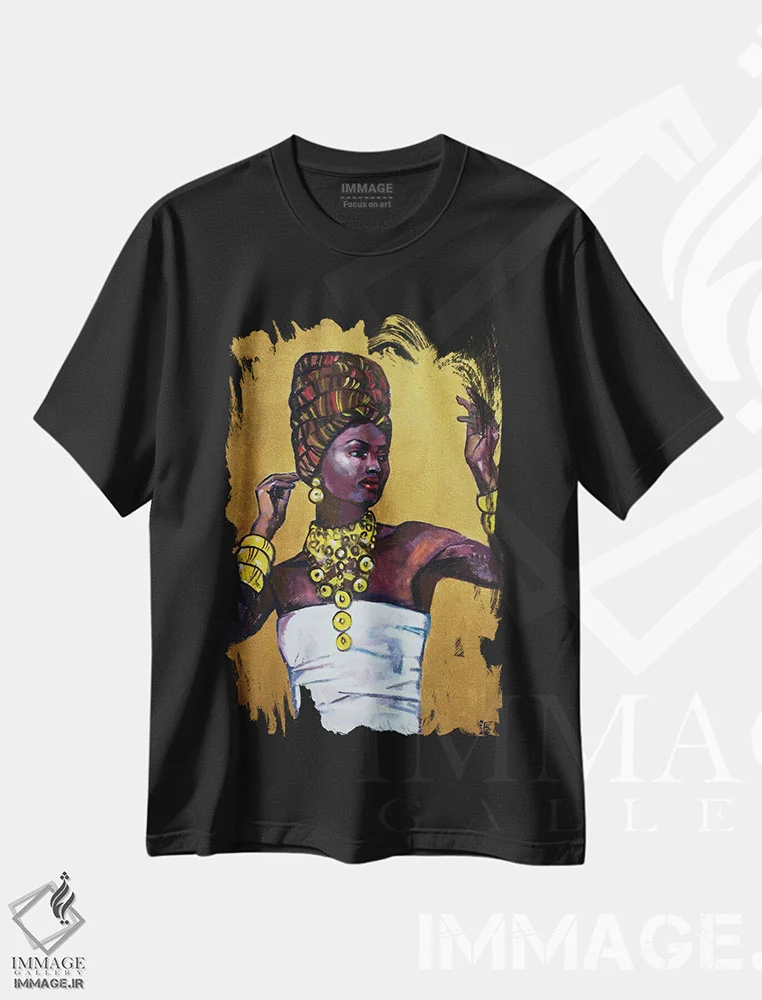 تیشرت مشکی طرح دار ملکه مصر، هنر آمریکایی آفریقایی تبار اثر کاترینا بورتسووا | immage.ir