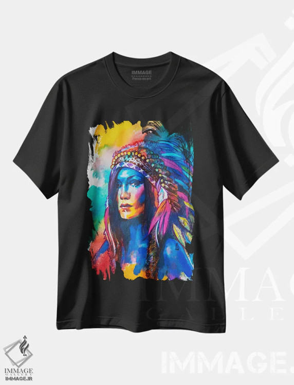 تیشرت مشکی طرح دار دختر سرخ پوست، دکور معاصر اثر کاترینا بورتسووا | فروشگاه ایماژ