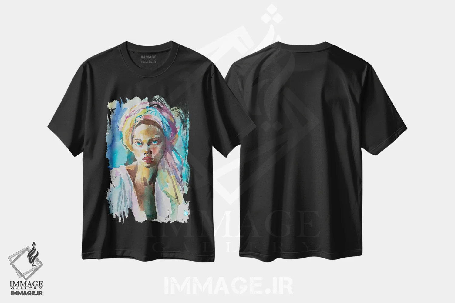 تیشرت مشکی طرح دار دختر با عمامه رنگارنگ، هنر فاخر معاصر اثر کاترینا بورتسووا | فروشگاه ایماژ