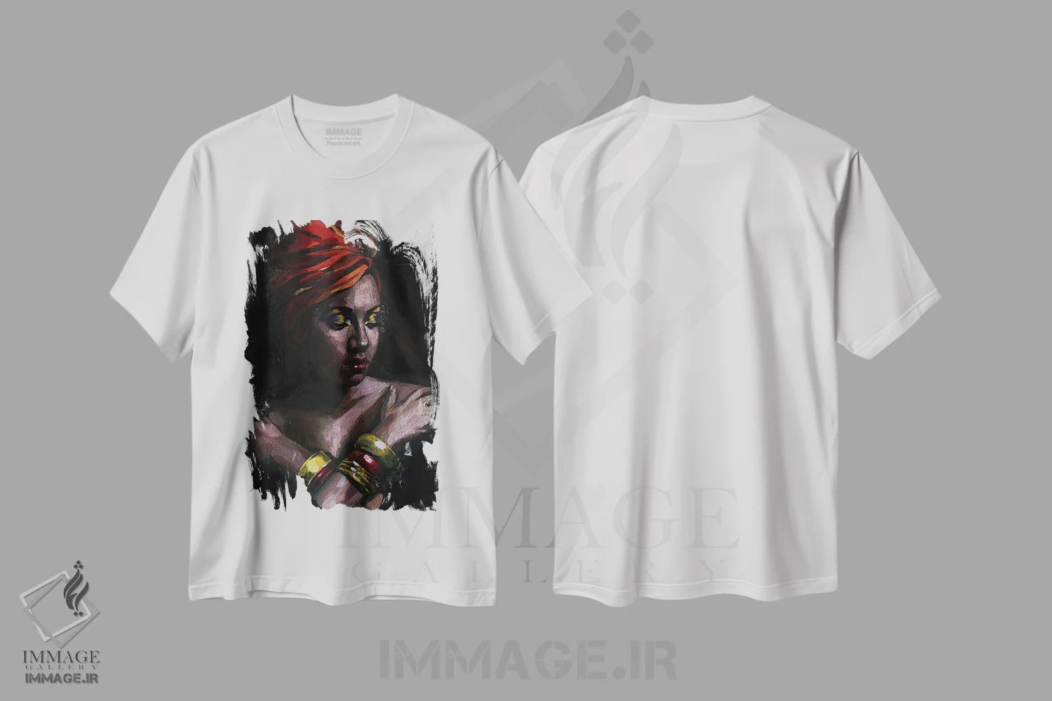 تیشرت سفید طرح دار دختر با عمامه، دکور آفریقایی اثر کاترینا بورتسووا | فروشگاه ایماژ