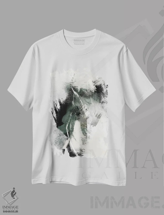 تیشرت سفید طرح دار انتزاعی سبز ۱ اثر کارین تونیا گریم | immage.ir
