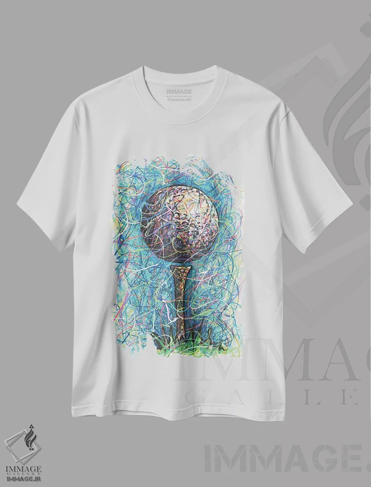 تیشرت سفید طرح دار تی گلف، دست نقاشی و طراحی دستی اثر کیت سلام | فروشگاه ایماژ