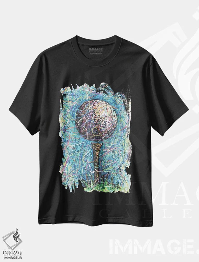 تیشرت مشکی طرح دار تی گلف، دست نقاشی و طراحی دستی اثر کیت سلام | immage.ir