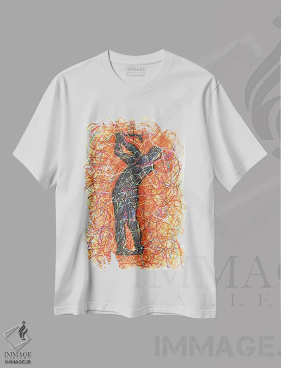 تیشرت سفید طرح دار چرخاندن چوب گلف، دست نقاشی و طراحی دستی اثر کیت سلام | فروشگاه ایماژ