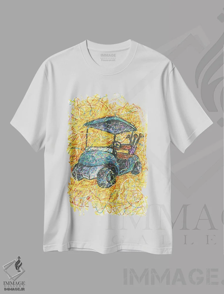تیشرت سفید طرح دار ماشین گلف، دست نقاشی و طراحی دستی اثر کیت سلام | immage.ir