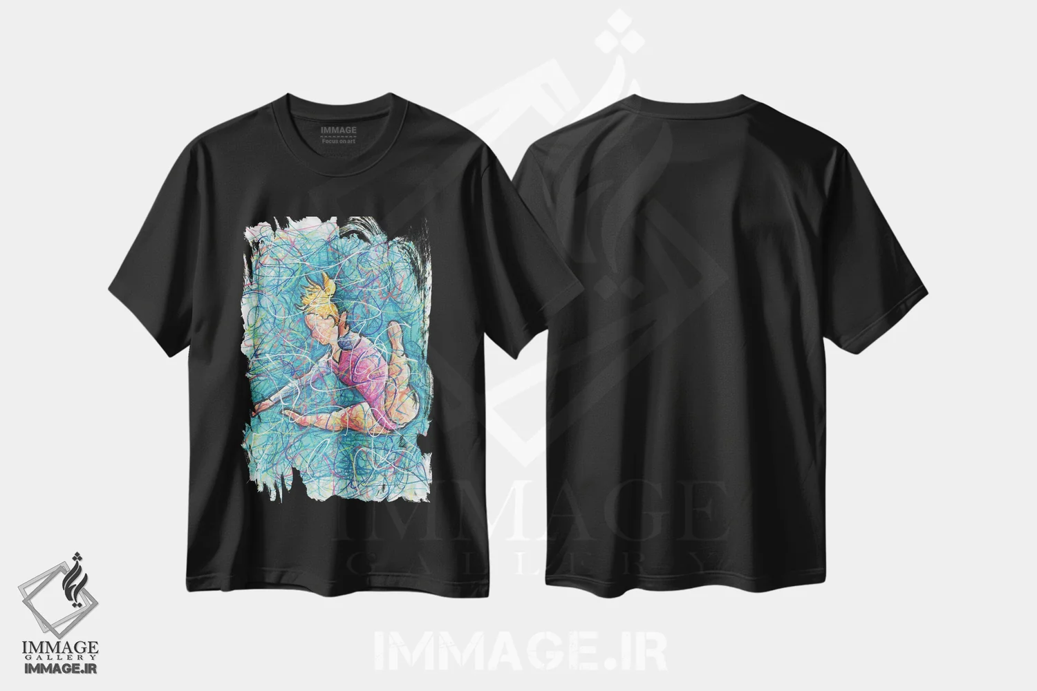 تیشرت مشکی طرح دار پرش ژیمناستیک، دست نقاشی و طراحی دستی اثر کیت سلام | immage.ir