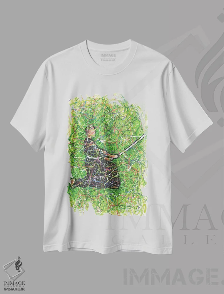 تیشرت سفید طرح دار سامورایی کاراته، دست نقاشی و طراحی دستی اثر کیت سلام | immage.ir