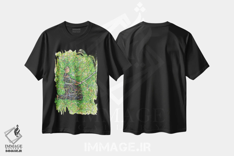 تیشرت مشکی طرح دار سامورایی کاراته، دست نقاشی و طراحی دستی اثر کیت سلام | فروشگاه ایماژ