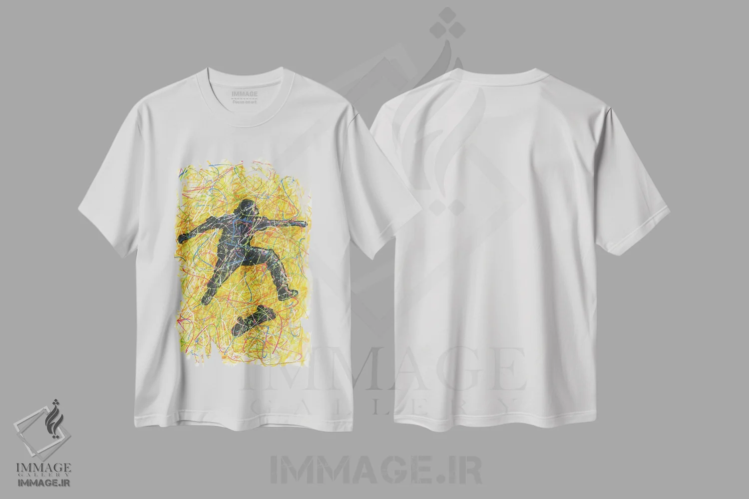 تیشرت سفید طرح دار حرکت نمایشی اسکیت برد، دست نقاشی و طراحی دستی اثر کیت سلام | فروشگاه ایماژ