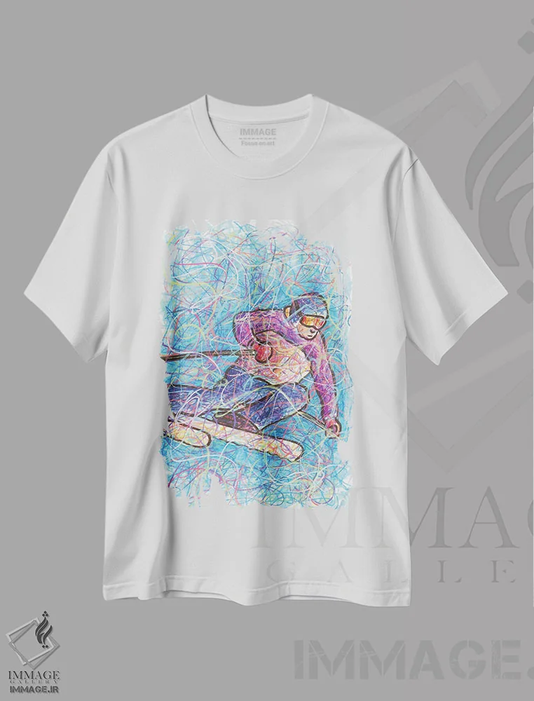 تیشرت سفید طرح دار اسکی سرازیری، دست نقاشی و طراحی دستی اثر کیت سلام | immage.ir