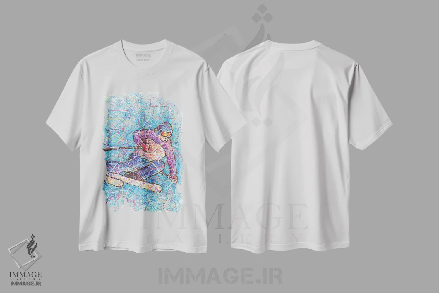 تیشرت سفید طرح دار اسکی سرازیری، دست نقاشی و طراحی دستی اثر کیت سلام | immage.ir