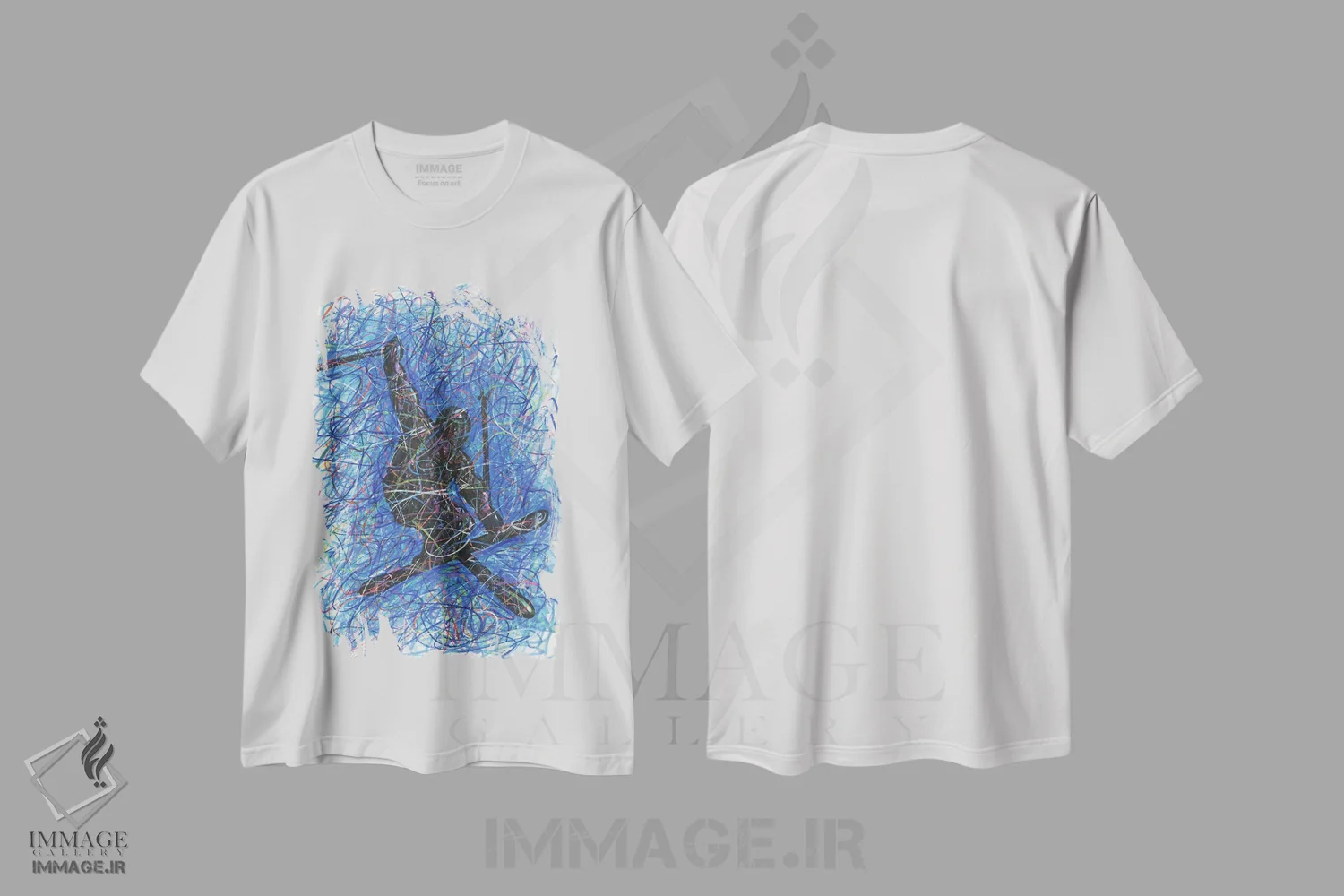 تیشرت سفید طرح دار حرکت نمایشی اسکی، دست نقاشی و طراحی دستی اثر کیت سلام | immage.ir
