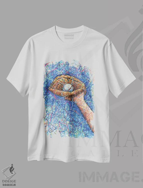 تیشرت سفید طرح دار گرفتن توپ با دستکش بیسبال، دست نقاشی و طراحی دستی اثر کیت سلام | فروشگاه ایماژ