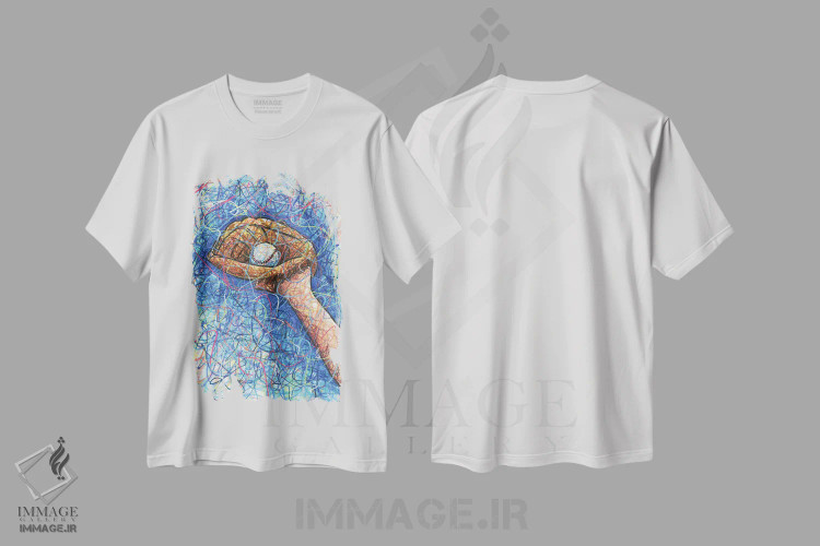 تیشرت سفید طرح دار گرفتن توپ با دستکش بیسبال، دست نقاشی و طراحی دستی اثر کیت سلام | فروشگاه ایماژ