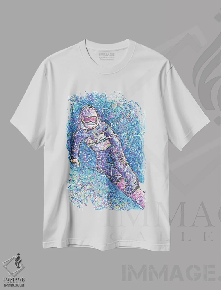 تیشرت سفید طرح دار کَرو اسنوبورد، دست نقاشی و طراحی دستی اثر کیت سلام | فروشگاه ایماژ