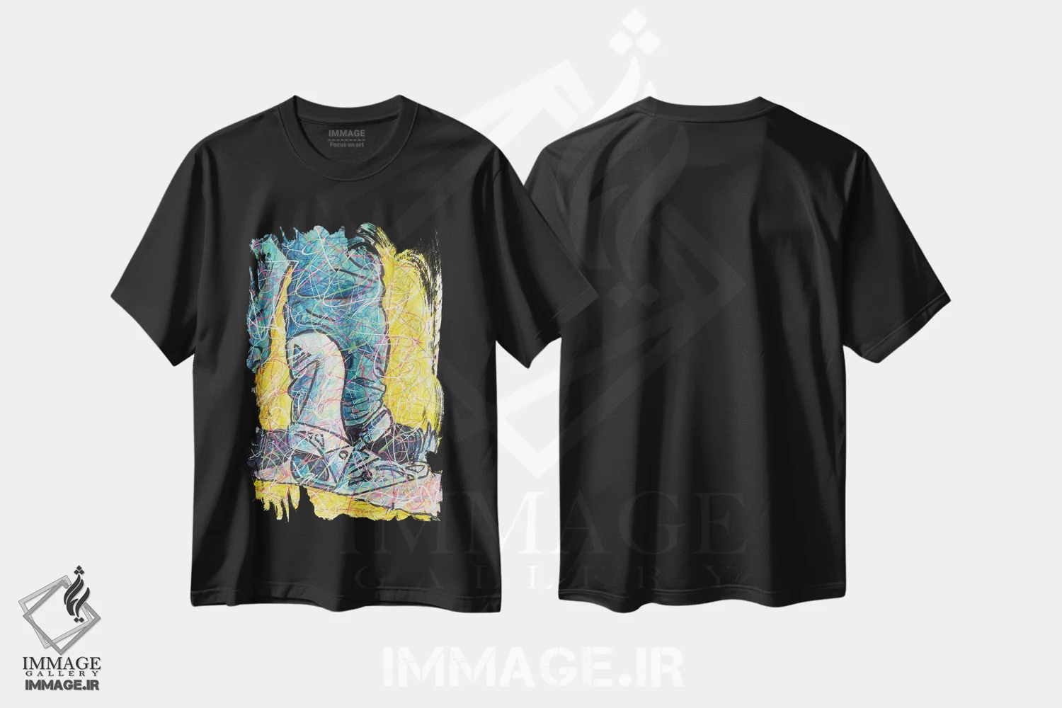 تیشرت مشکی طرح دار تجهیزات اسنوبورد، دست نقاشی و طراحی دستی اثر کیت سلام | فروشگاه ایماژ