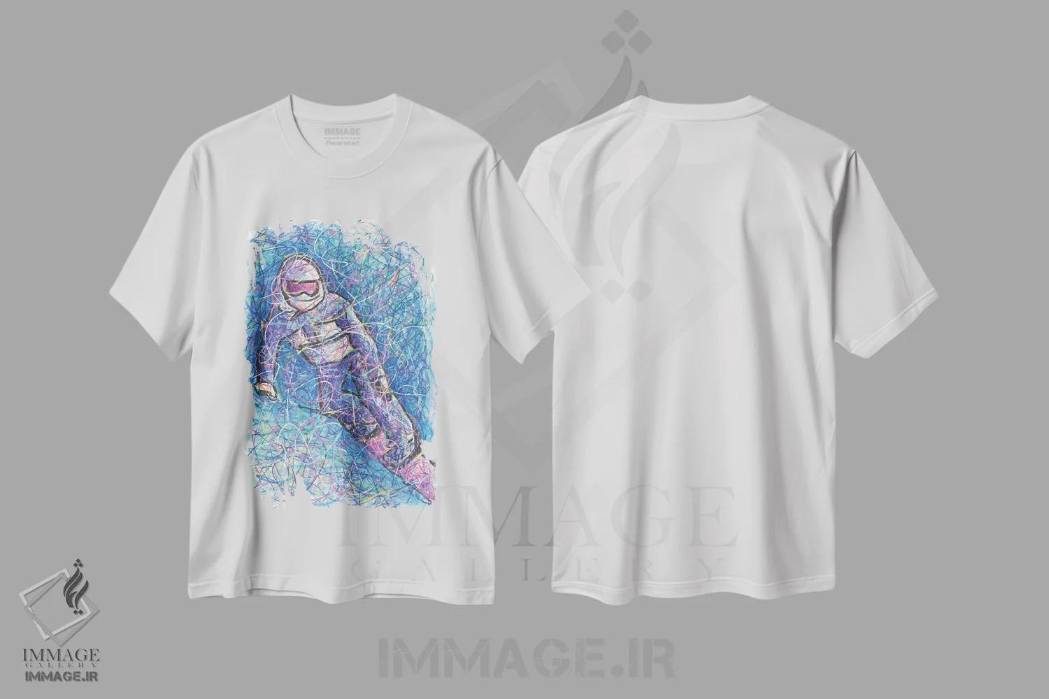 تیشرت سفید طرح دار کَرو اسنوبورد، دست نقاشی و طراحی دستی اثر کیت سلام | فروشگاه ایماژ