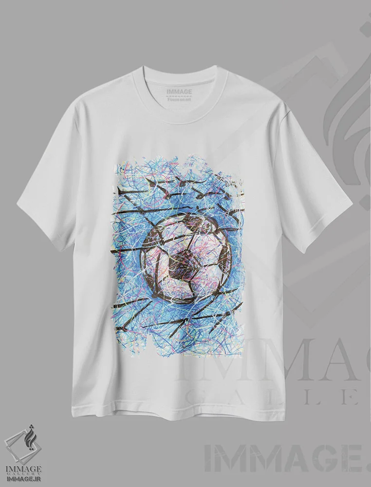 تیشرت سفید طرح دار دروازه فوتبال، دست نقاشی و طراحی دستی اثر کیت سلام | immage.ir