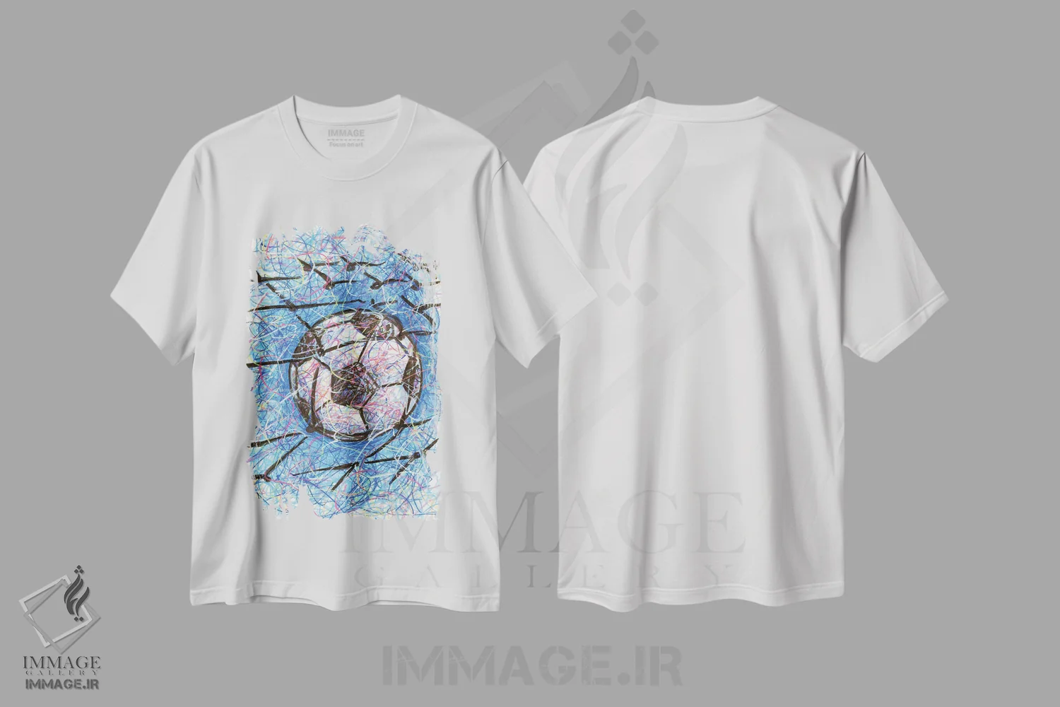تیشرت سفید طرح دار دروازه فوتبال، دست نقاشی و طراحی دستی اثر کیت سلام | immage.ir