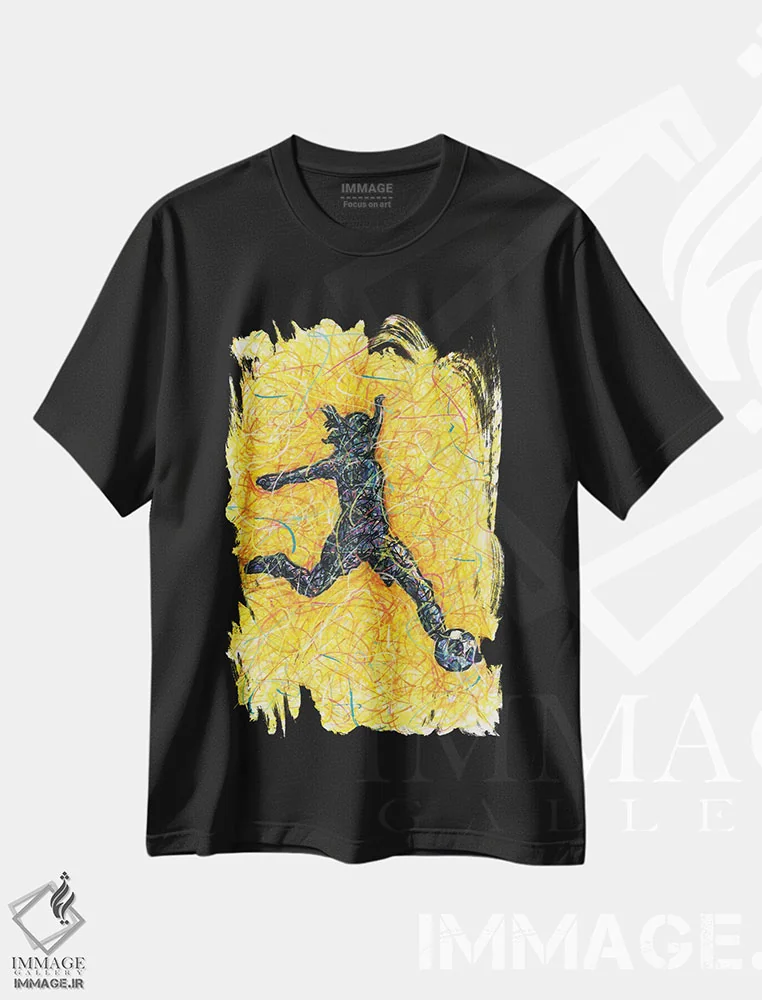 تیشرت مشکی طرح دار گل فوتبال زنانه، دست نقاشی و طراحی دستی اثر کیت سلام | immage.ir